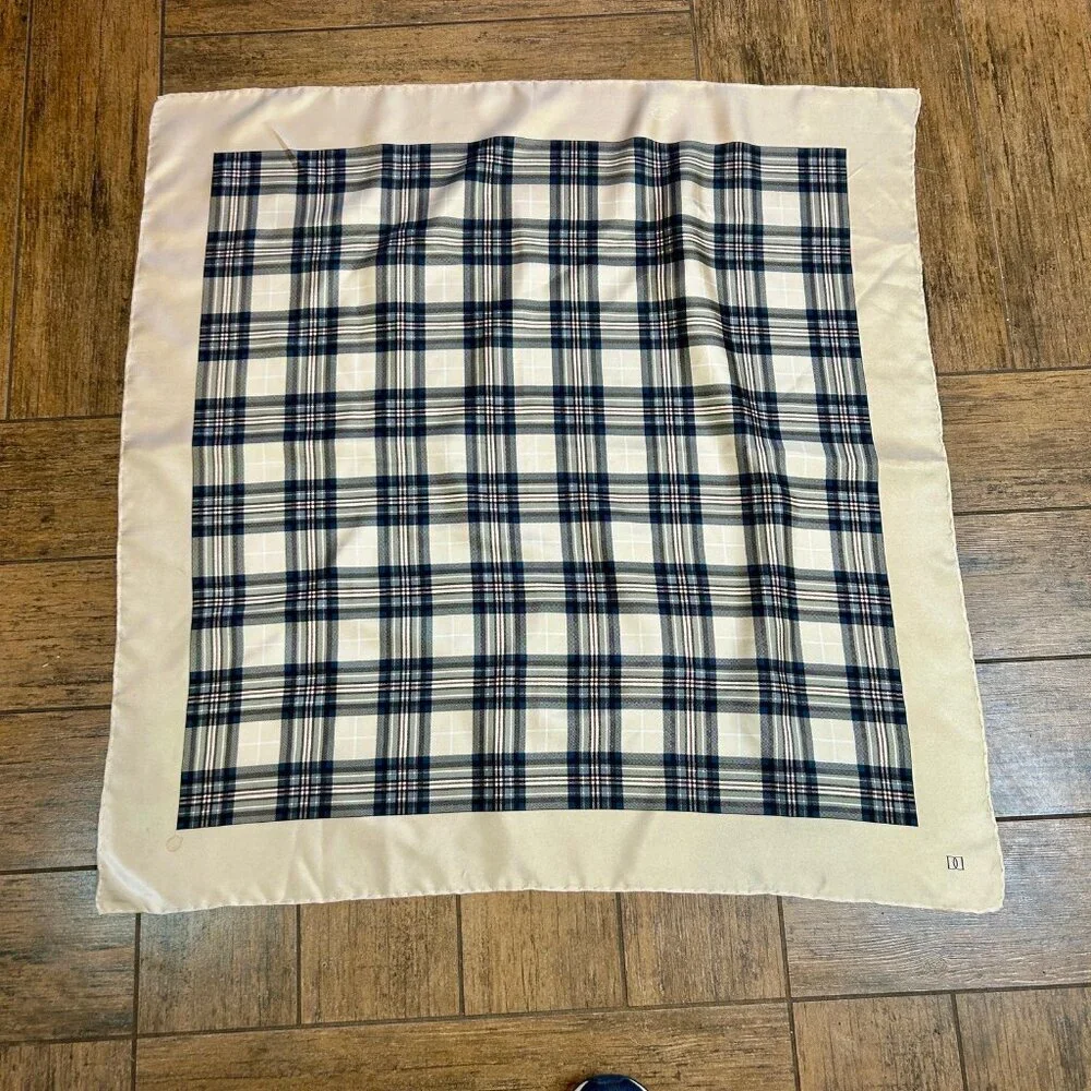 Doncaster Collection Vintage 100% Silk Tan Black Plaid Square Scarf